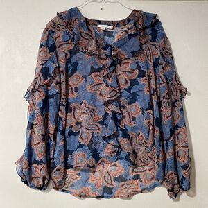 Chico’s Size 2 Blue Floral Ruffle Blouse Long Sleeve Sheer Boho Top Large